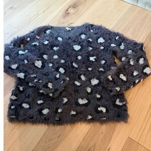 Hem & Thread Leopard Eyelash Knit Sweater Womens Large Grey Fuzzy Pullover